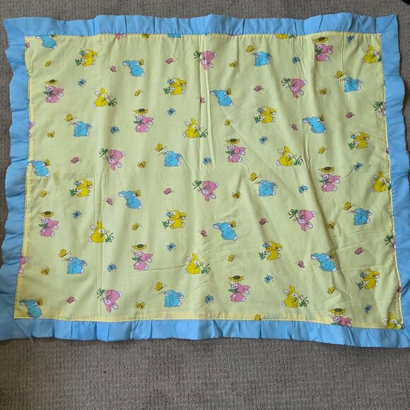 Vintage Cannon Mills Baby Blanket Yellow Bunnies Satin Trim Pastel  37" x 45" - Picture 2 of 10
